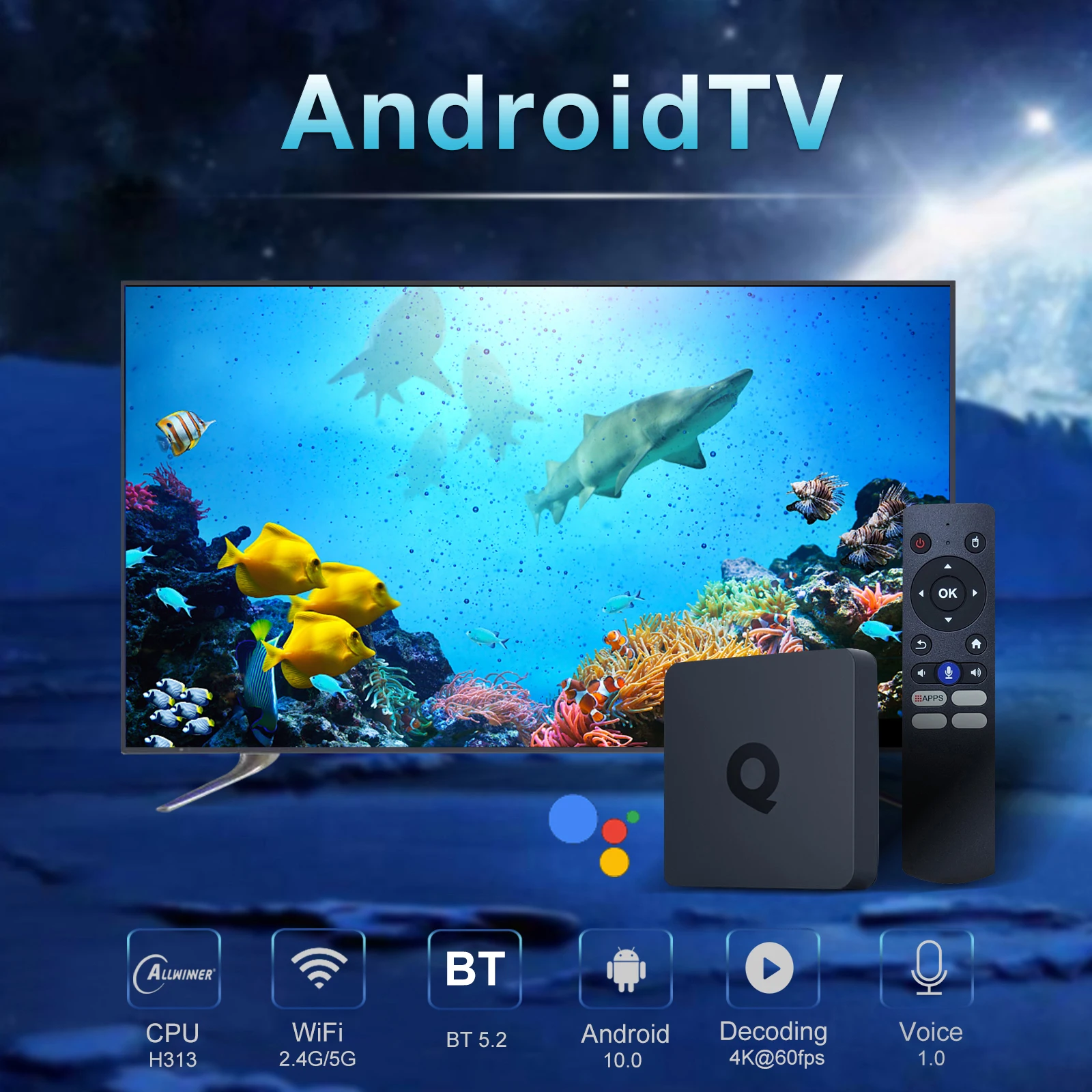 16GB Media Player Q1 Android TV 10.0 Smart TV Box UHD 4K H313 Quad-core H.265 2.4G&5G WiFi 100M LAN Voice Remote Control EU Plug