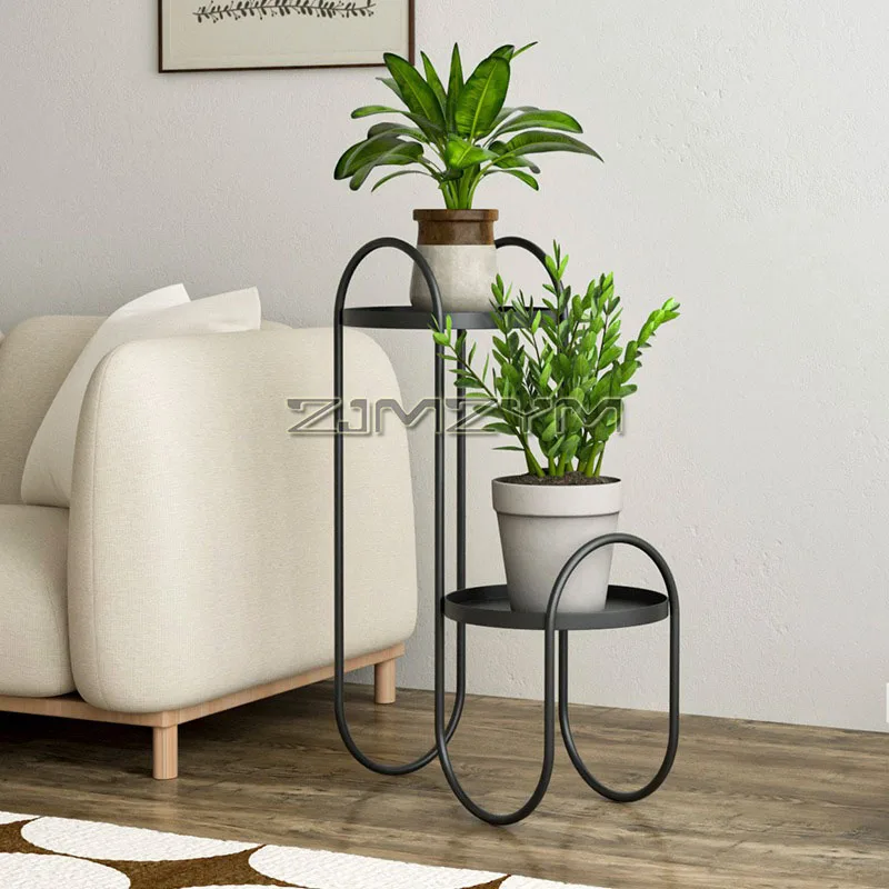 2 계층 북유럽 현대 철 바닥 식물 스탠드 화분 홀더 거실 발코니 블랙 금속 꽃 디스플레이 선반