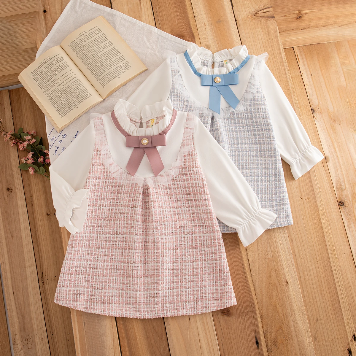 Baby Girl Dress Spring And Autumn Bow And Plaid Pattern Long-Sleeved Doll Collar Baby Dresses Cute Casual Girl Dress