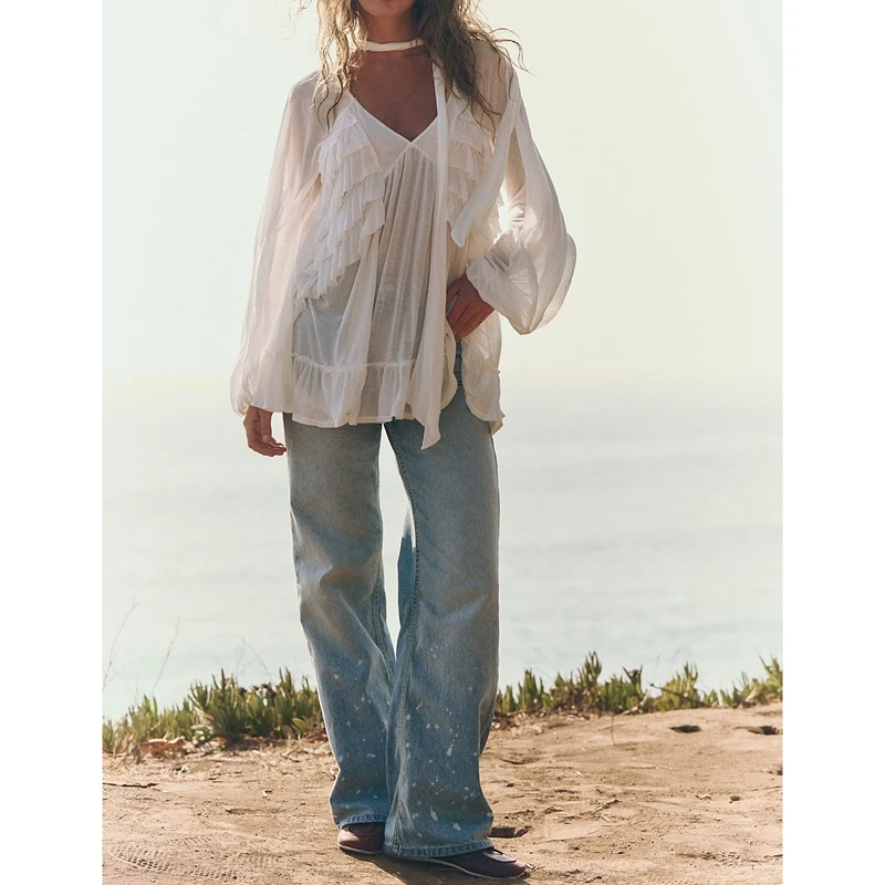 Combhasaki Vrouwen Sheer Mesh See-through Shirt Tops Lantaarn Lange Mouw V-hals Ruche Trim Blouse met Sjaal Beachwear Cover-ups