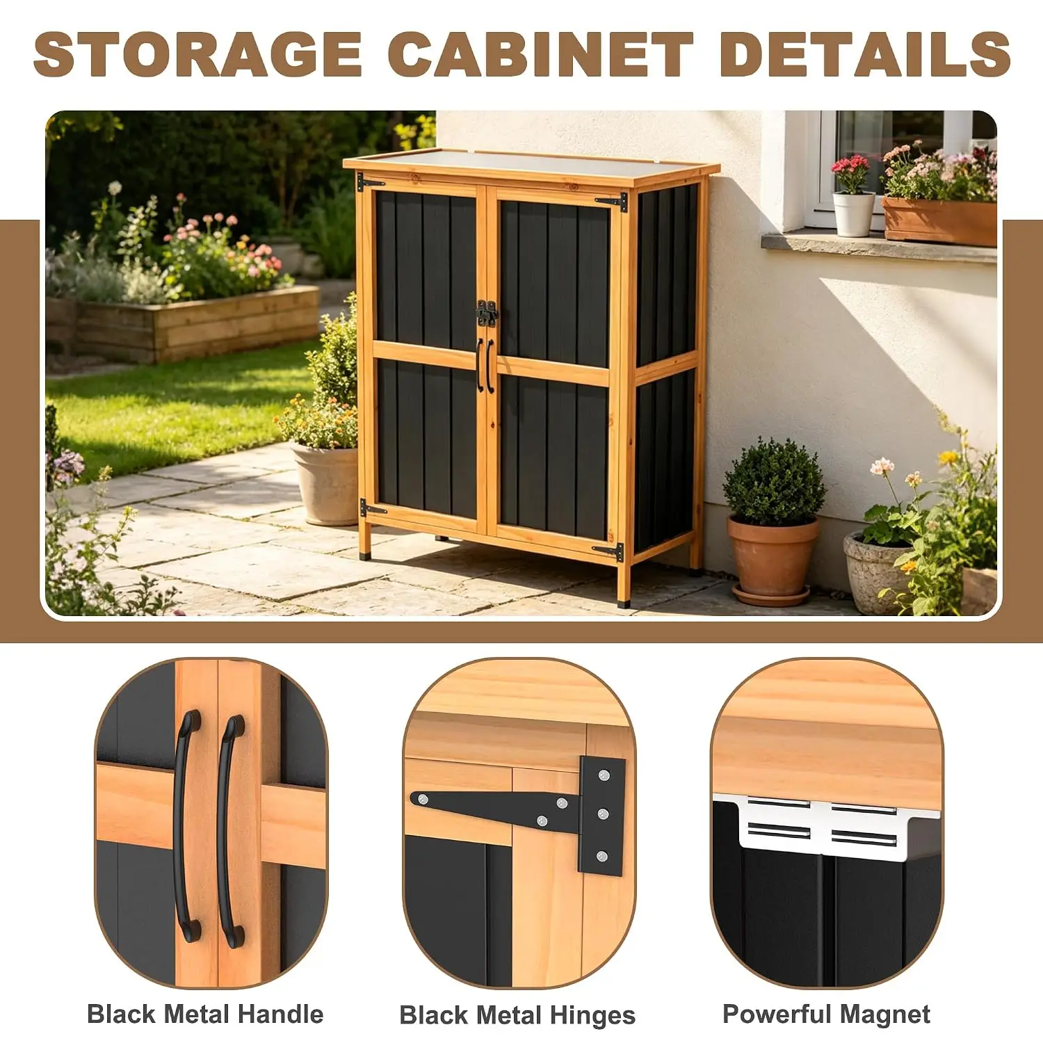 2-Tier Outdoor Storage Cabinet Weatherproof Iron Roof Garden Tool Shed Small Patio Organizer, Customized