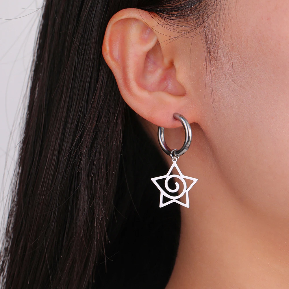 Dawapara Pentacle Spiral Pentagram Dangle Earrings Wiccan Pagan Swirl Symbol Good Luck Amulet Stainless Steel Jewelry