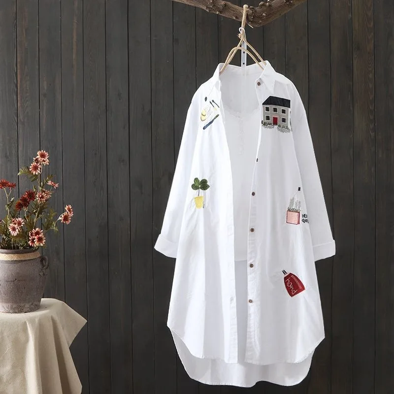 

Women's Cotton Embroidered Loose Long White Shirt, New Spring and Autumn Casual Office Women's Shirt, Women's Top Loose Shirt