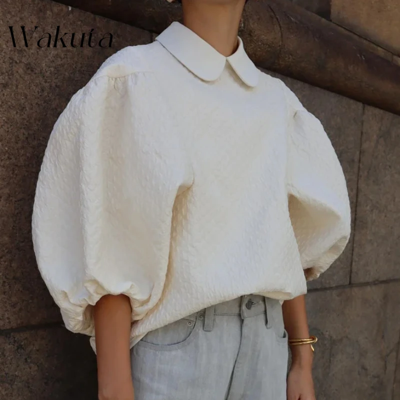 WAKUTA Lente Zomer Chic Lantaarn Mouw Topkwaliteit Elegant Temperament Blouses Femme Hoog Niveau Turn Down Kraag Shirts Dames