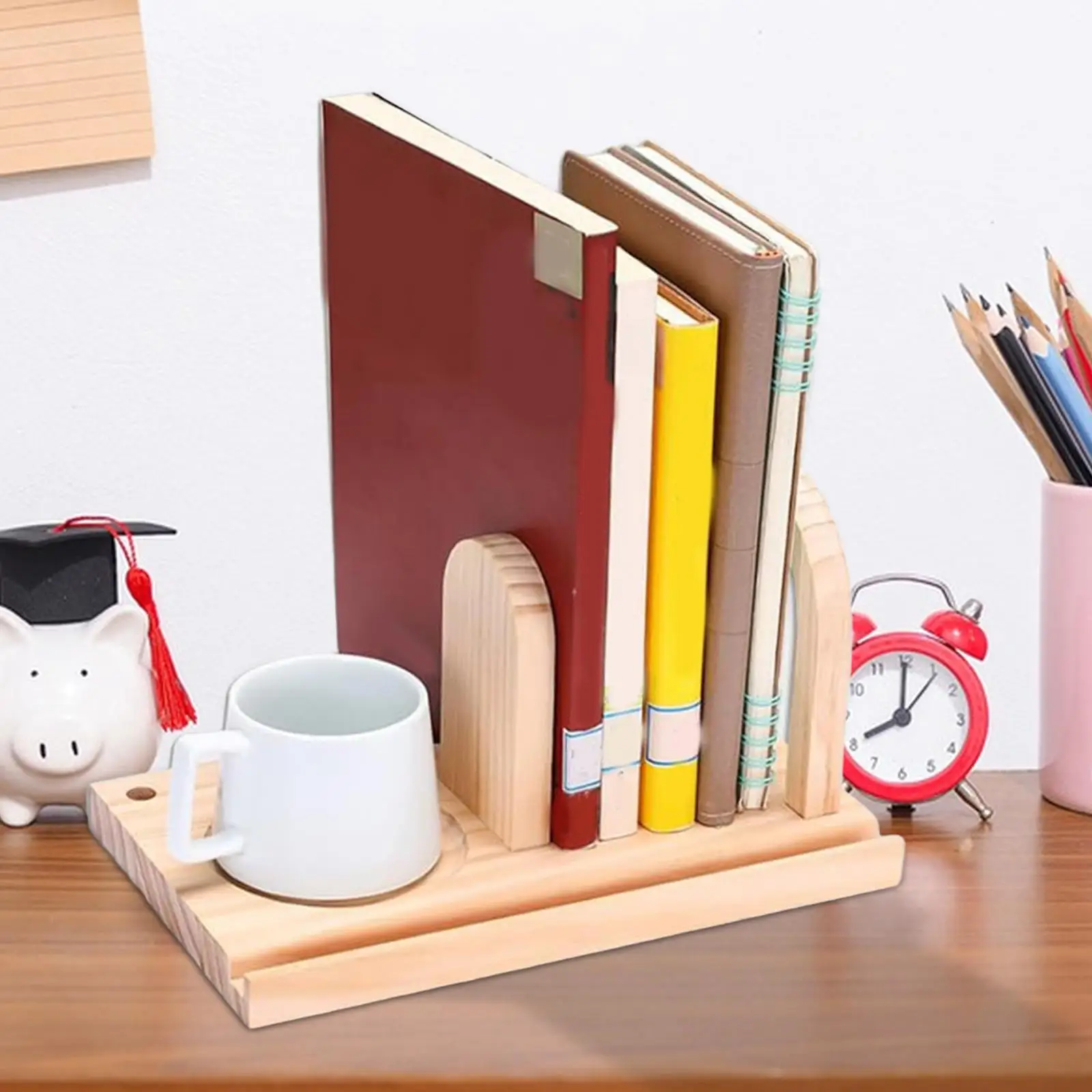 

Desktop Bookshelf Organizer Decorative Wood Bookcase Book Ends Phone and Tablet Holder for Office Countertop Tabletop Desk Study