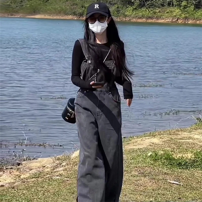 Ele High Waist Denim Overalls Women's Spring Autumn Loose Strap Long Pants Deep Color Button Closure Faion Sensation