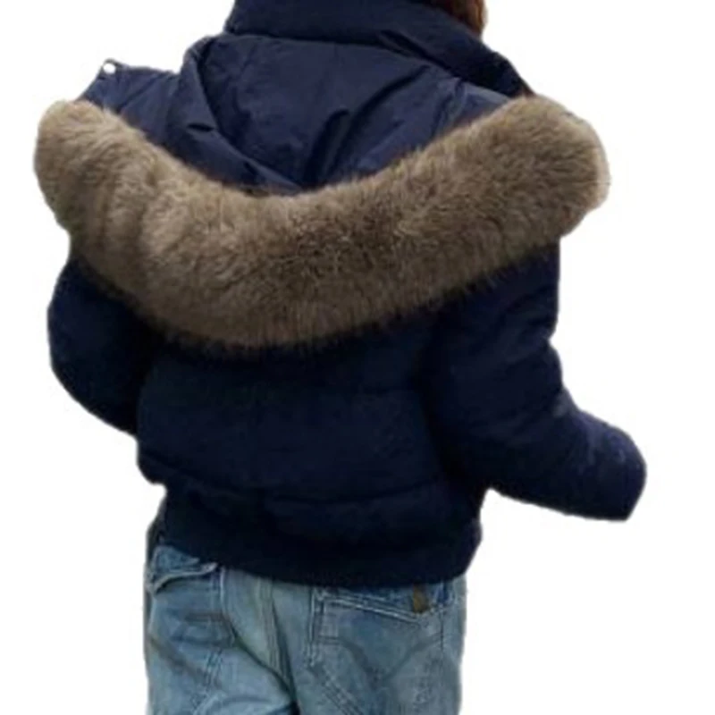 Women's Winter Warm Jacket Korean Thickened Big Fur Collar Hooded Outerwear Fashion Casual Detachable Short Cotton-Padded Coat