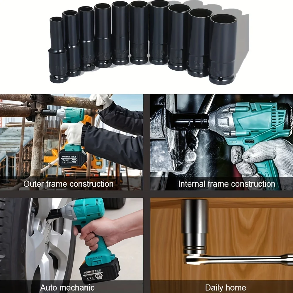 10pcs 1/2 Inch 8-24mm Power Socket Tool Impact Wrench Adapter Industrial Hand Tool Socket Set for Industrial Auto Repair