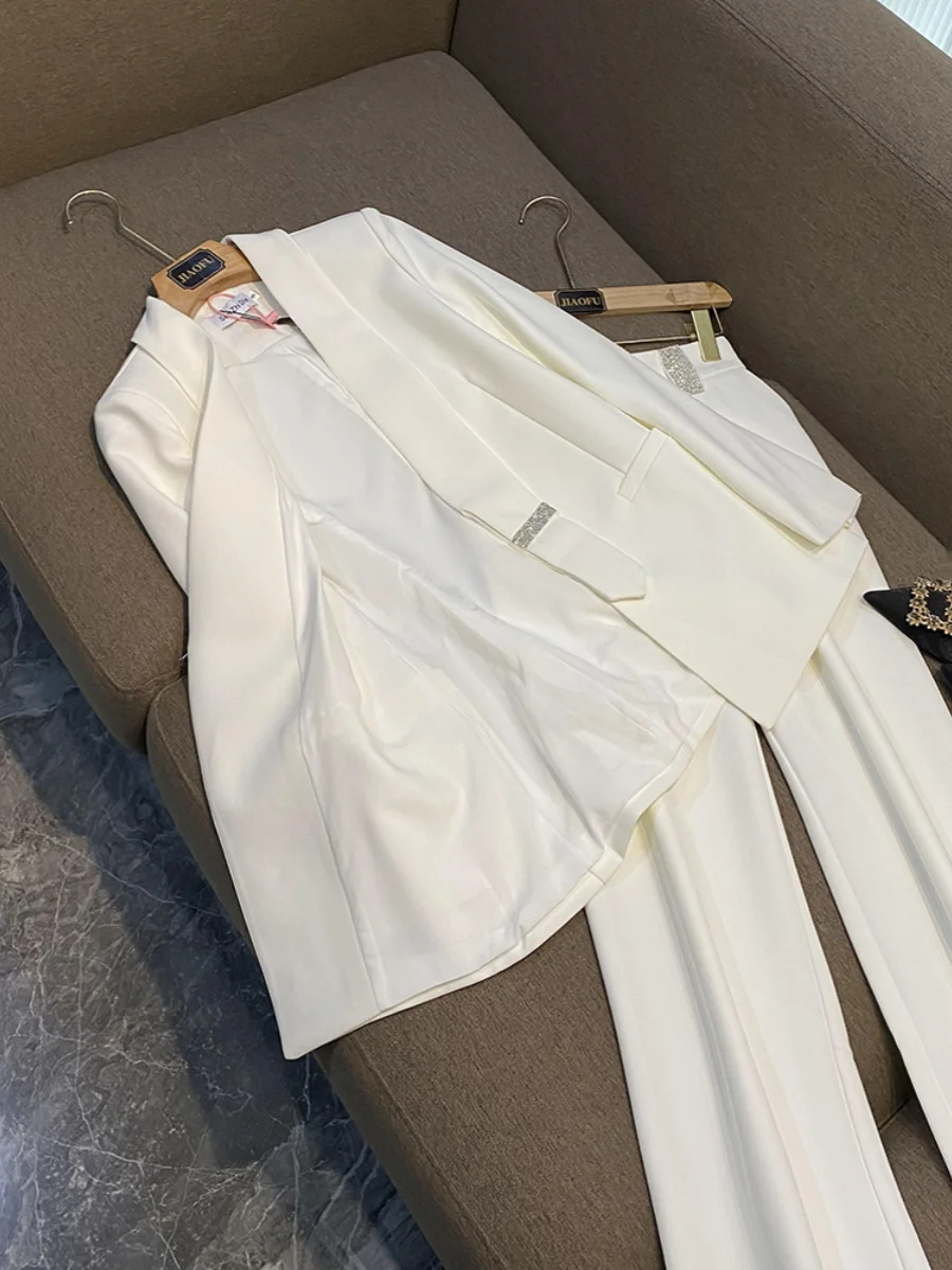 Ensemble de costume pantalon blanc à jambes larges pour femmes, ensemble deux pièces formel Profional Faion Sensation fer sur strass C32