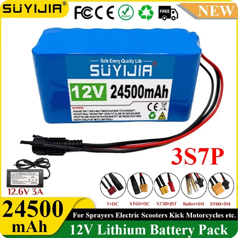 18650 3S7P 24500mah 12V Lithium Batteries Pack Built-in Smart BMS for E-Bike Unicycle Scooter Wheel Chair with 12.6V 3A Charger