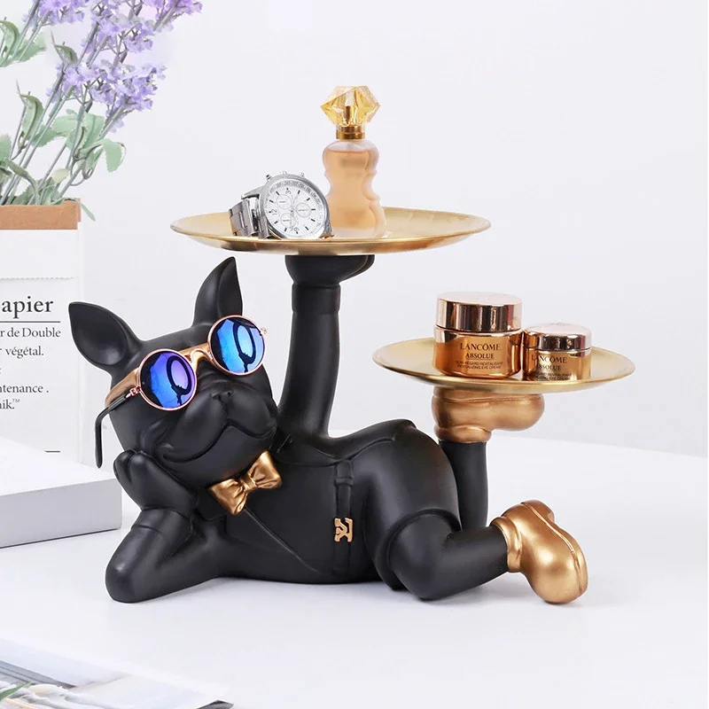 Resin Bulldog Desktop Storage Statue Animal Sculpture Dining Table Decor Multi Functional Office Home Decoration Tray Decor