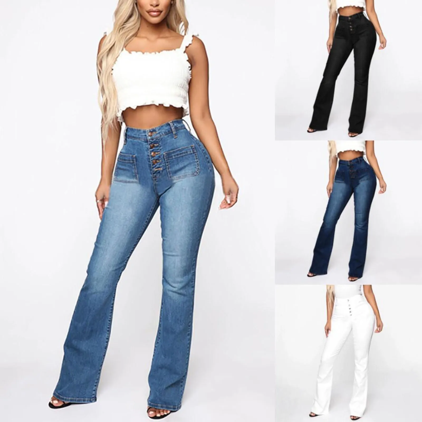 

Women'S Jeans High Waist Micro-Flared Jeans Daily Commute Slim Fit All-Match Large Size Jeans Fashion Street Jeans With Buttons