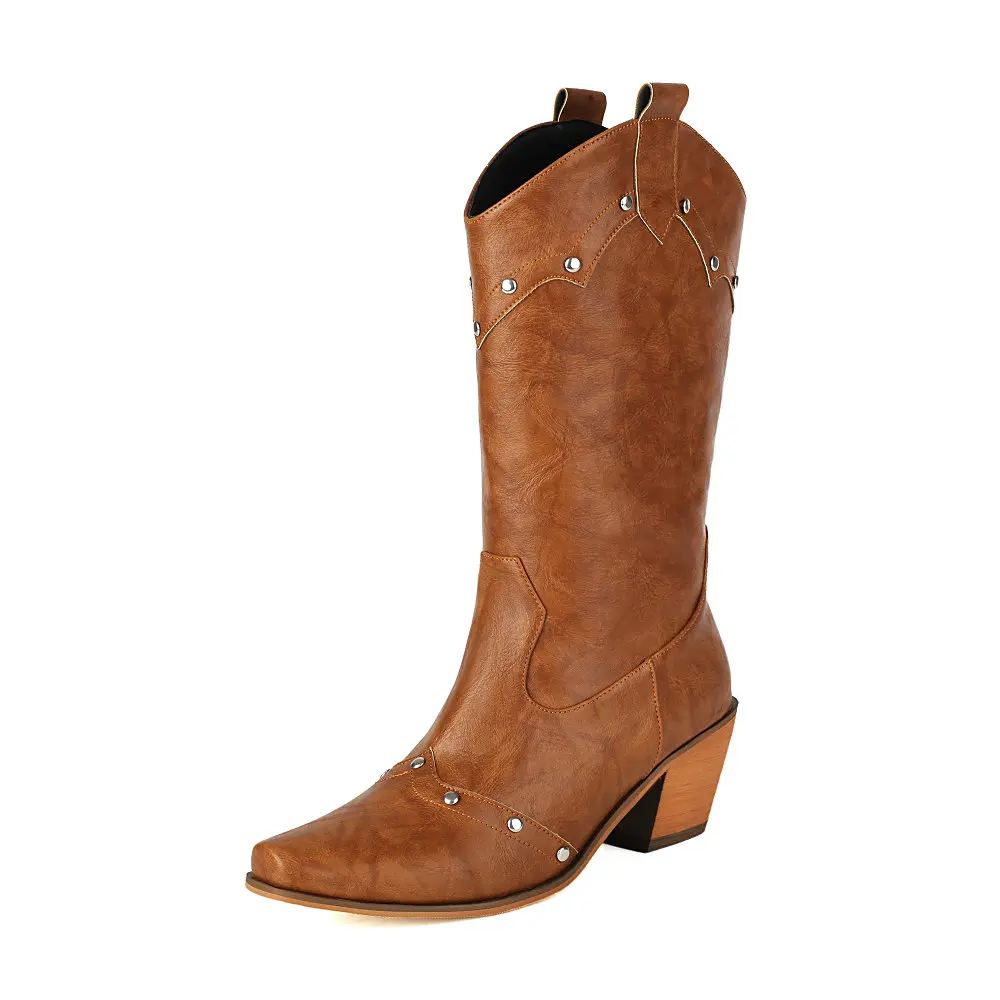 

Cowboy Boots for Women Cowgirl Mid Calf Western Boots Rivets Chunky Block Heel Brown Red Black Shoes