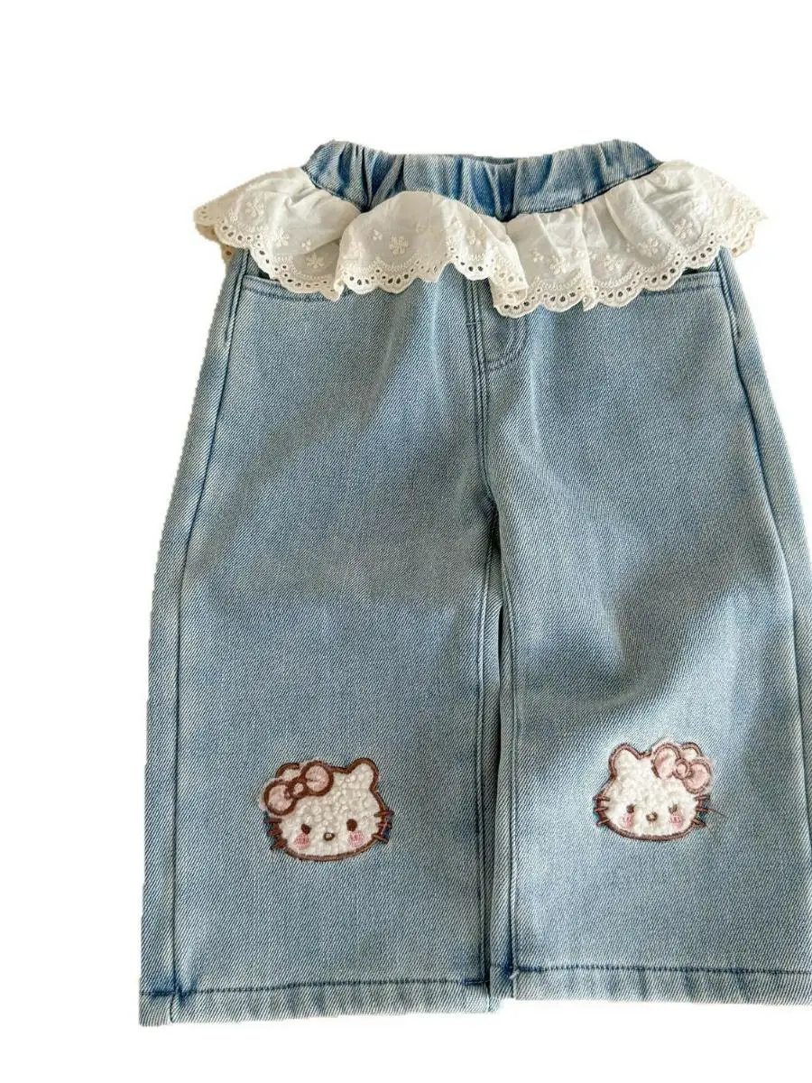 بنطلون جينز واسع الساق مزين بالدانتيل للفتيات الصغيرات، ملابس شتوية للأطفال، بنطلون طويل للفتيات الصغيرات