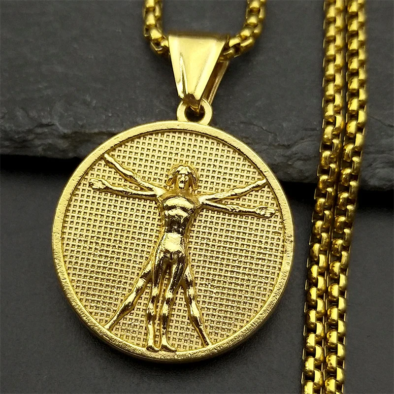 دافنشي رسم فيتروفيان رجل ميدالية مستديرة قلادة قلادة للنساء الرجال الفولاذ المقاوم للصدأ الذهب والفضة اللون الجمالية الفن مجوهرات