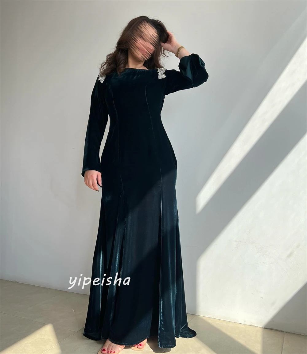 Yipeisha-Vestidos de Noche formales de estilo clásico y moderno, apliques de Velour, cuello cuadrado, línea A, ocasiones a medida