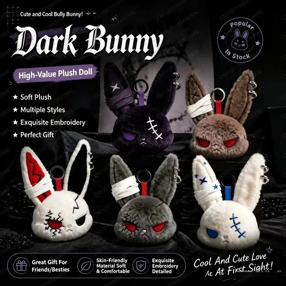 Cute Dark Bunny Doll Gothic Style Cute Design Bunny Keychain Skin Friendly Embroidered Bunny Keyring Bag Decoration