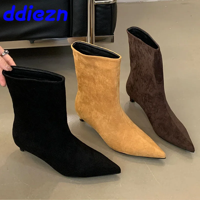 Designer Footwear With Low Heel Slip On Ladies Modern Short Booties Shoes Fashion Pointed Toe Flock Women Ankle Boots Shoes