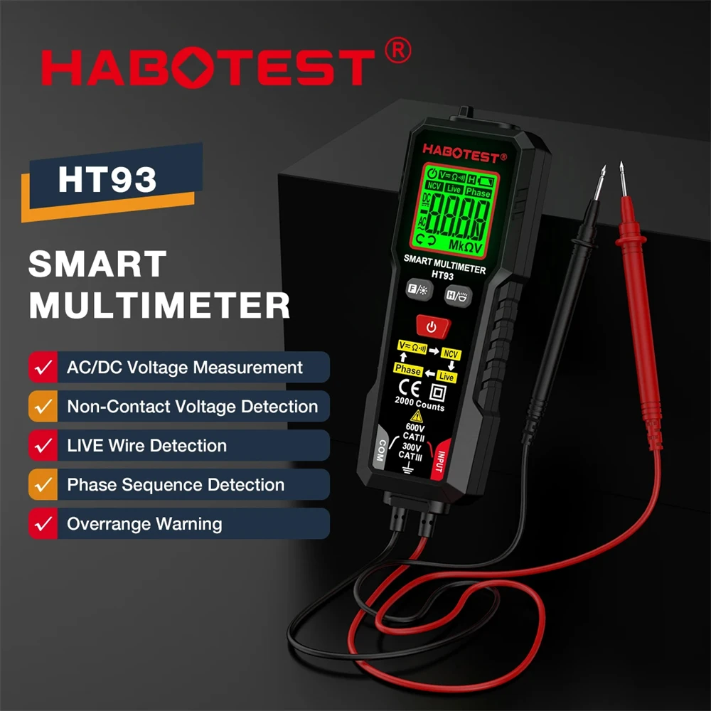 HABOTEST HT93 مقياس رقمي متعدد صحيح RMS التيار المتناوب/تيار مستمر جهاز قياس الجهد الكهربائي المرحلة تسلسل الكاشف الاستمرارية أوم لايف NCV عداد كهربائي