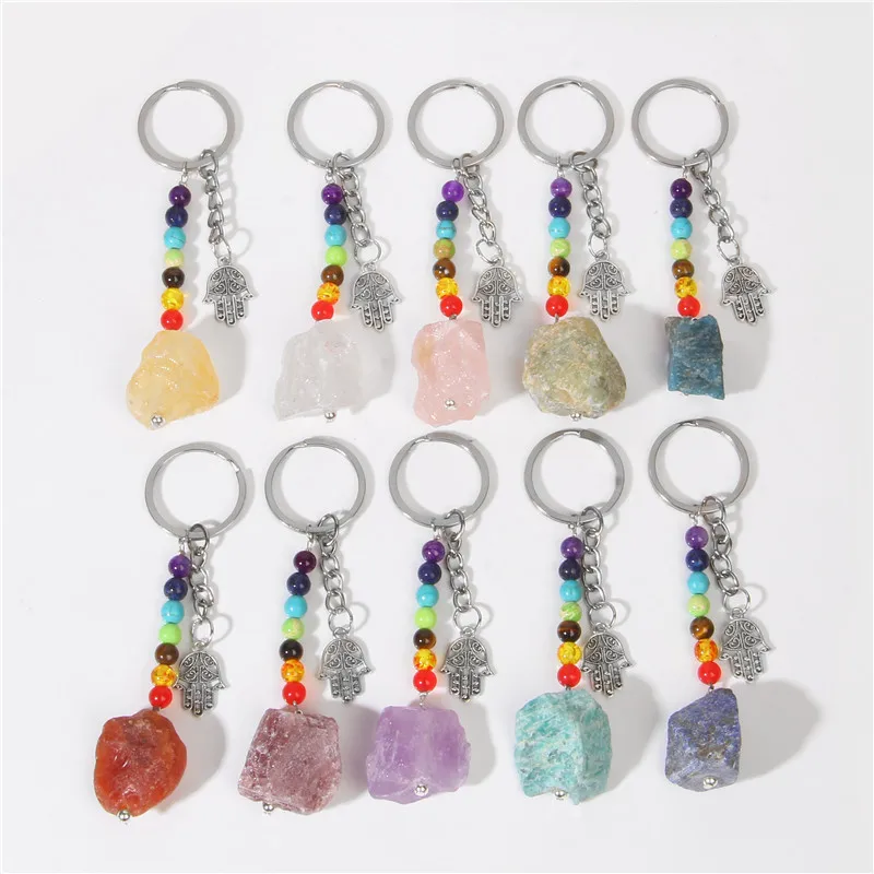 

15pcs Irregular Raw Stone Key Rings Palm 7 Colors Chakra Beads Chains Gem Charms Keychains Rough Crystal Keyrings for Women Men