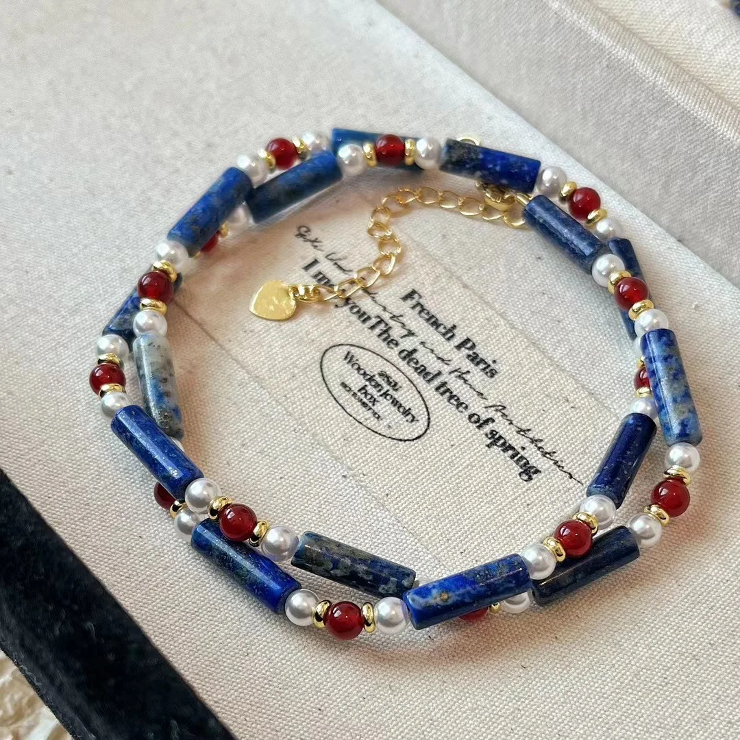 

Niche premium versatile lapis lazuli contrasting color retro gypsy collarbone chain necklace women's atmosphere beaded neck chai