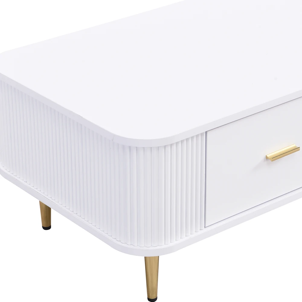 Gebogener Eck-Wohnzimmertisch, goldene Hardware, gewellte Seiten, Doppelfunktions-Couchtisch und Beistelltisch mit Schubladen – Detail 15