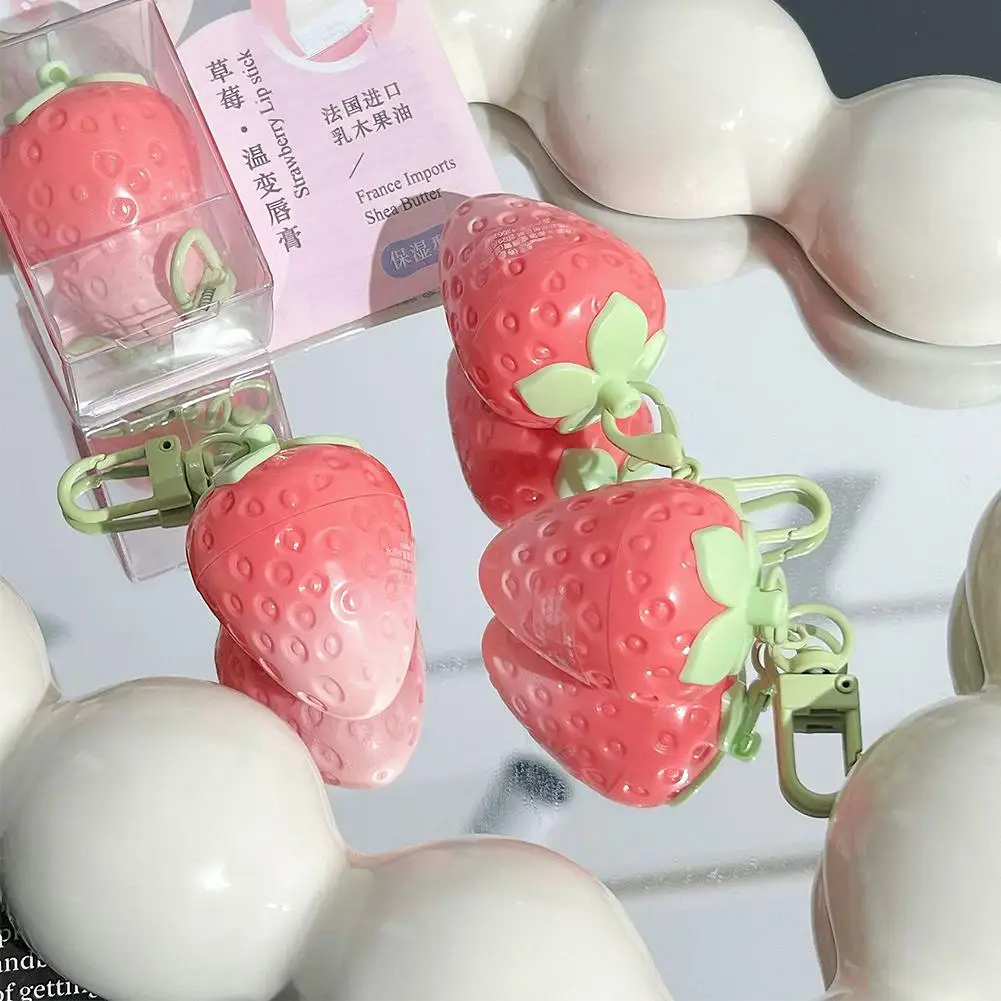 Chaveiro morango mudança quente bálsamo labial hidratante anti-seco nutritivo frutas batom rosa colorido matiz labial maquiagem cuidados com os lábios
