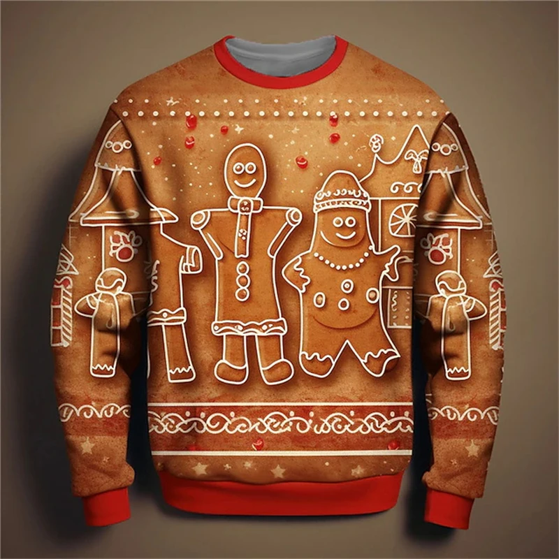 

3D Gingerbread Man Printed Sweatshirts Cute Christmas Festival Graphic Pullovers Men Women Kid Fashion Funny Clothes