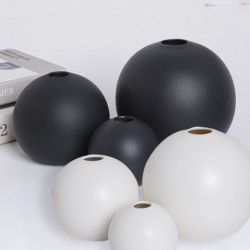 INS Nordic Ceramic Vase Black White Round Ball Flower Arranger Table Top Hydroponic Container Living Room Office Bookcase Decor