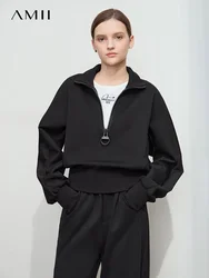 AMII Minimalist Sweatshirt Women 2025 Autumn New Street Style Versatile Solid Lapel Half Placket Zipper Stretchy Tops 12511012