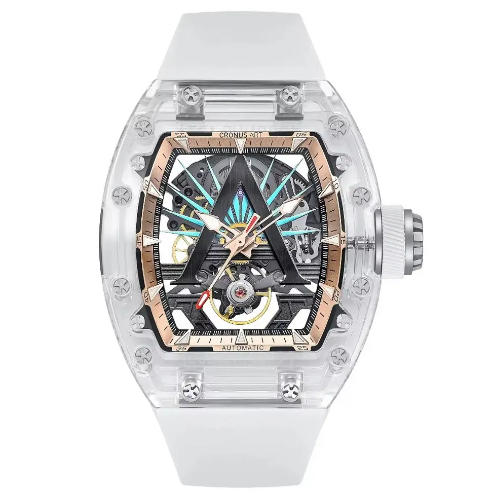 CRONUSART Men Automatic Watch Tonneau Mechanical Wristwatch Acrylic Case K9 Mirror Luminous Skeleton King Dial FKM Strap
