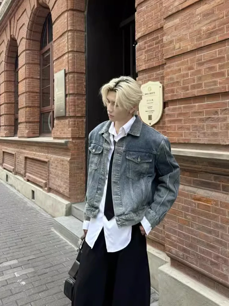 

Мужская джинсовая куртка Cleanfit в американском ретро-стиле, синяя, осенняя, повседневная, рабочая, крутая, модная, приталенная, из хлопка...