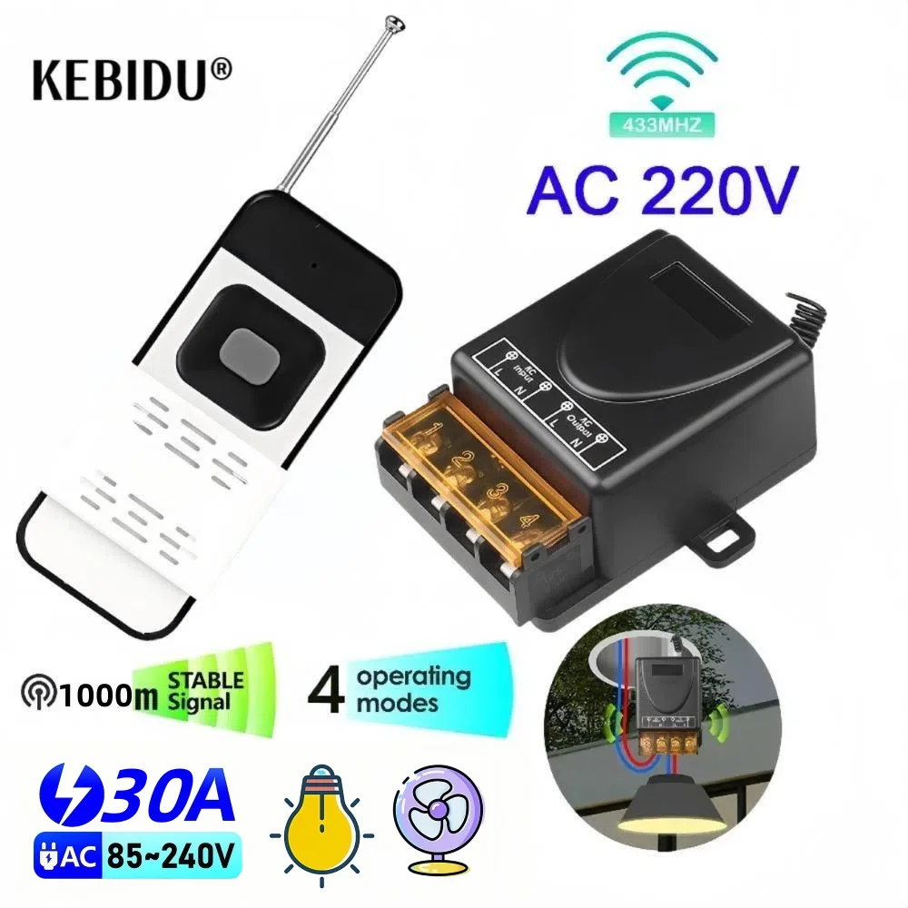 무선 리모컨 조명 스위치, 릴레이 리시버, 조명 램프 선풍기 광범위 송신기, 433MHz, 110V, 220V, 30A, 1000m