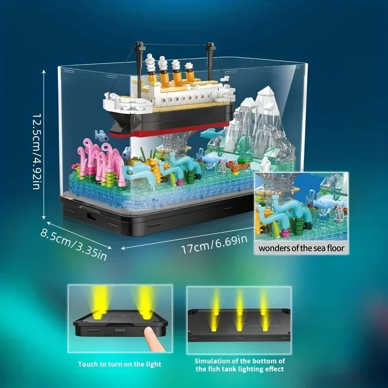 679Pcs Aquarium Ship Building Blocks Set Micro Mini Blocks Model with LED Light USB Base 3D Puzzle Educational Toy for Kids Gift