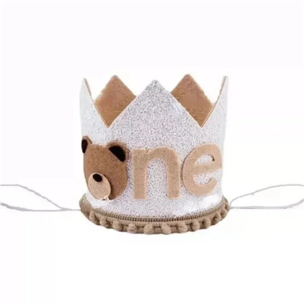 1Pcs First Kids Birthday Party Glitter Brown Bear Hat ONE Burlap Lion Birthday Crown Baby Shower Photoprops Decoration Supplies