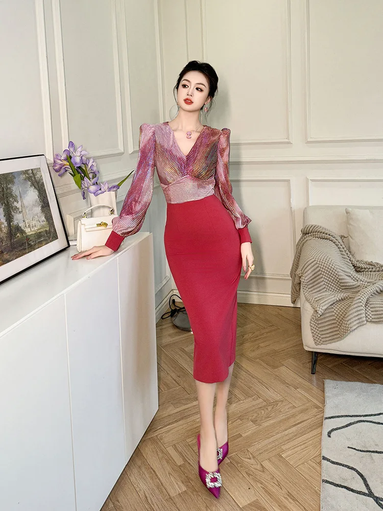 

Coigarsam Women's Dress New Office Lady French Style Patchwork Solid Zipper High Waist V-Neck Camouflage Orange Dresses