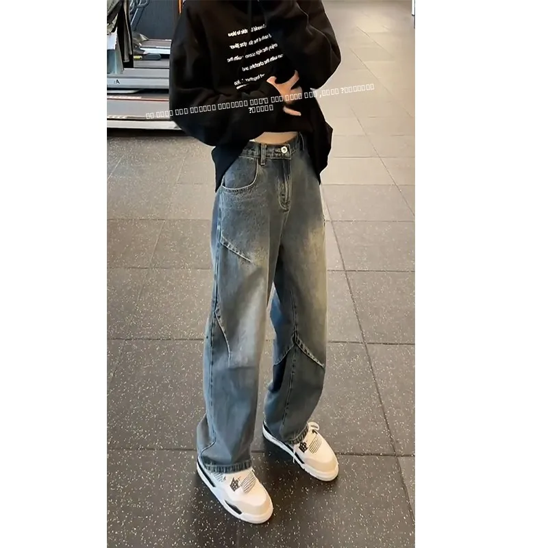 

Retro Blue Pleated Straight Leg Jeans Men's Spring Autumn Style American High Street Loose Casual Pants Cool Boys Jeans