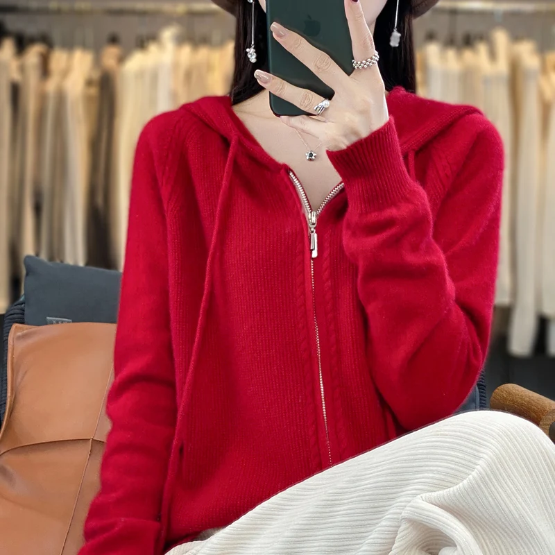 Spring and autumn knitted wool cardigan ladies loose zipper hoodie with fashion solid color wool sweater outside