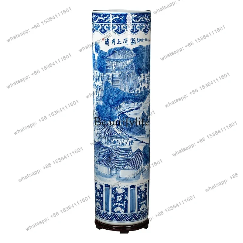 *Ceramic hand-painted blue and white porcelain floor-to-ceiling large vase quiver Chinese decorative housewarming ornament