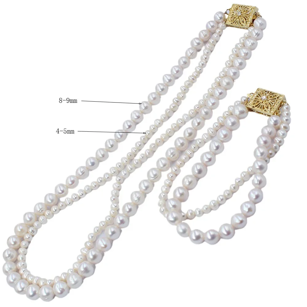 2 Row 4-5mm 8-9mm Nearly Round Trend Natural Freshwater White Pearl Women Fashion Choker Necklace Bracelet Wedding Set