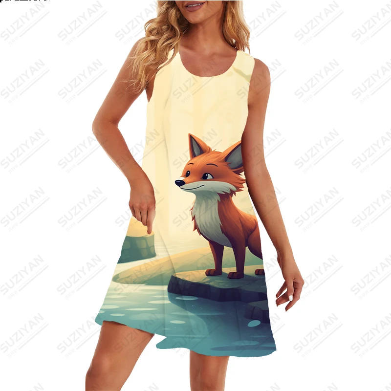 2023 Cute Cartoon Fox Print Dress Summer High -quality Dress Daily Casual Dress Home Comfortable Dress Female Dress