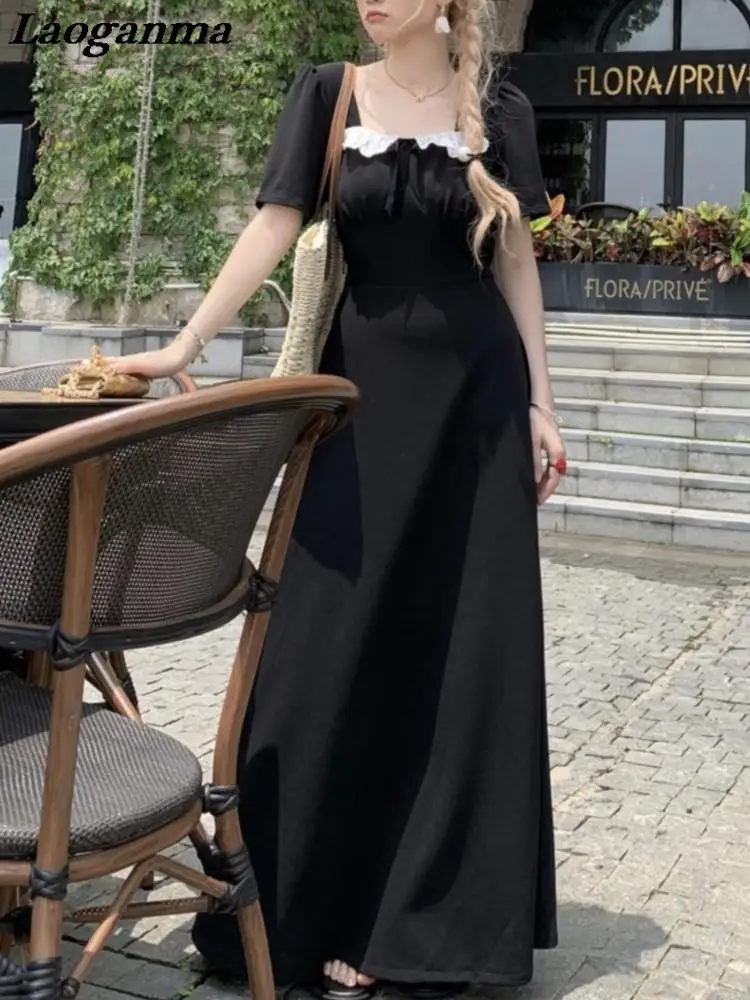 French Style Black Elegant Dress Women Summer New Y2K Square Collar Ruffles Femmes Vestido Midi Evening Party Long Dresses