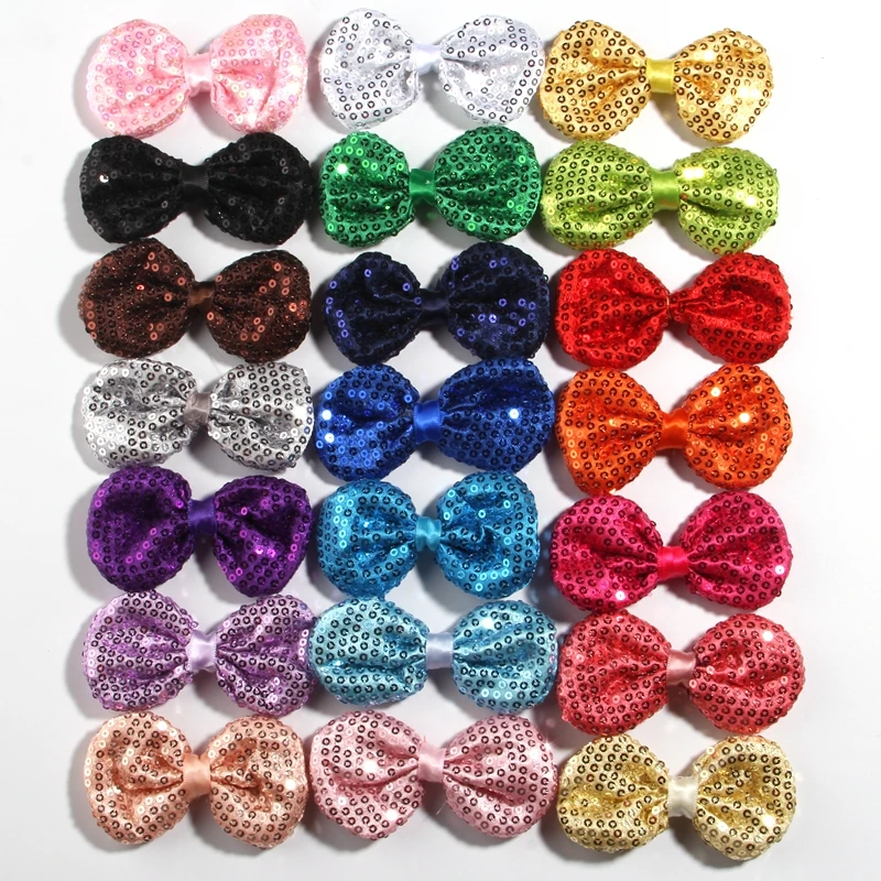 

120PCS 9CM 3.5" Hot Sell Shiny Sequin Hair Bow For Hair Accessories Beading Applique DIY Boutique Bowknot For Headbands