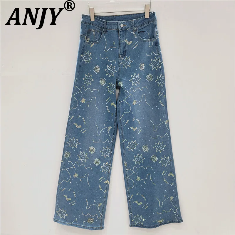 

ANJY Autumn New Women Chic Jeans Studded Colorful Diamonds Straight Slimming High Street Vintage Elegant Tide Denim Pants A10276