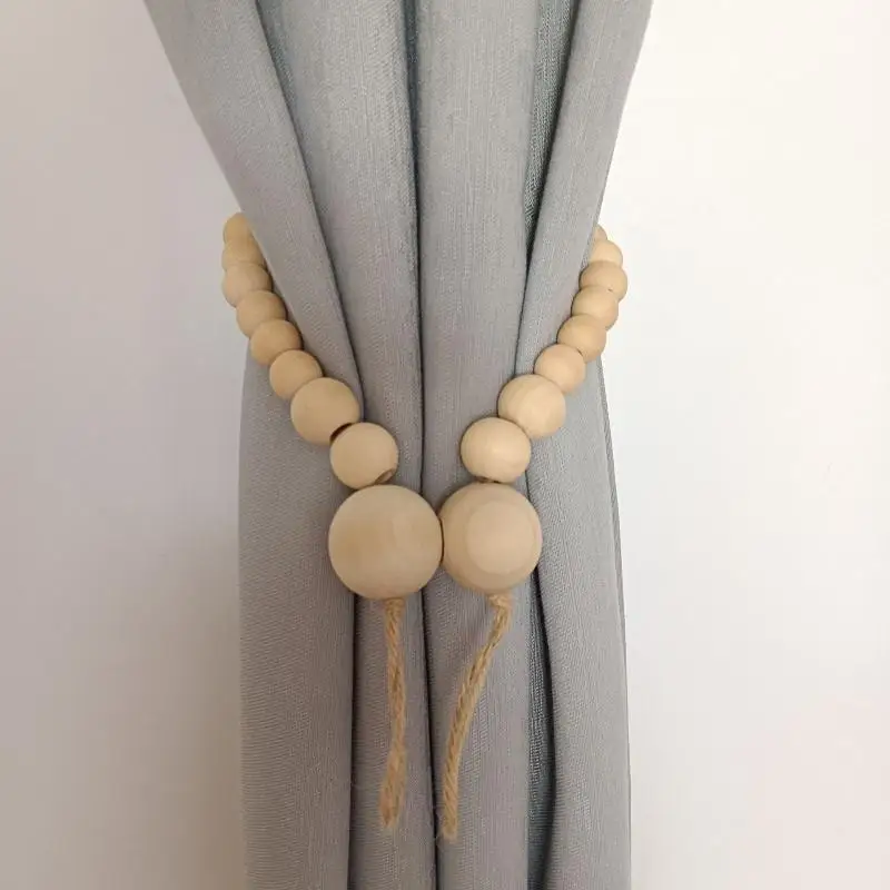 Decorative Graduated Natural Wood Bead Curtain Tieback 1Pcs Rustic Curtain Holdback for Living Room Office Home Decor