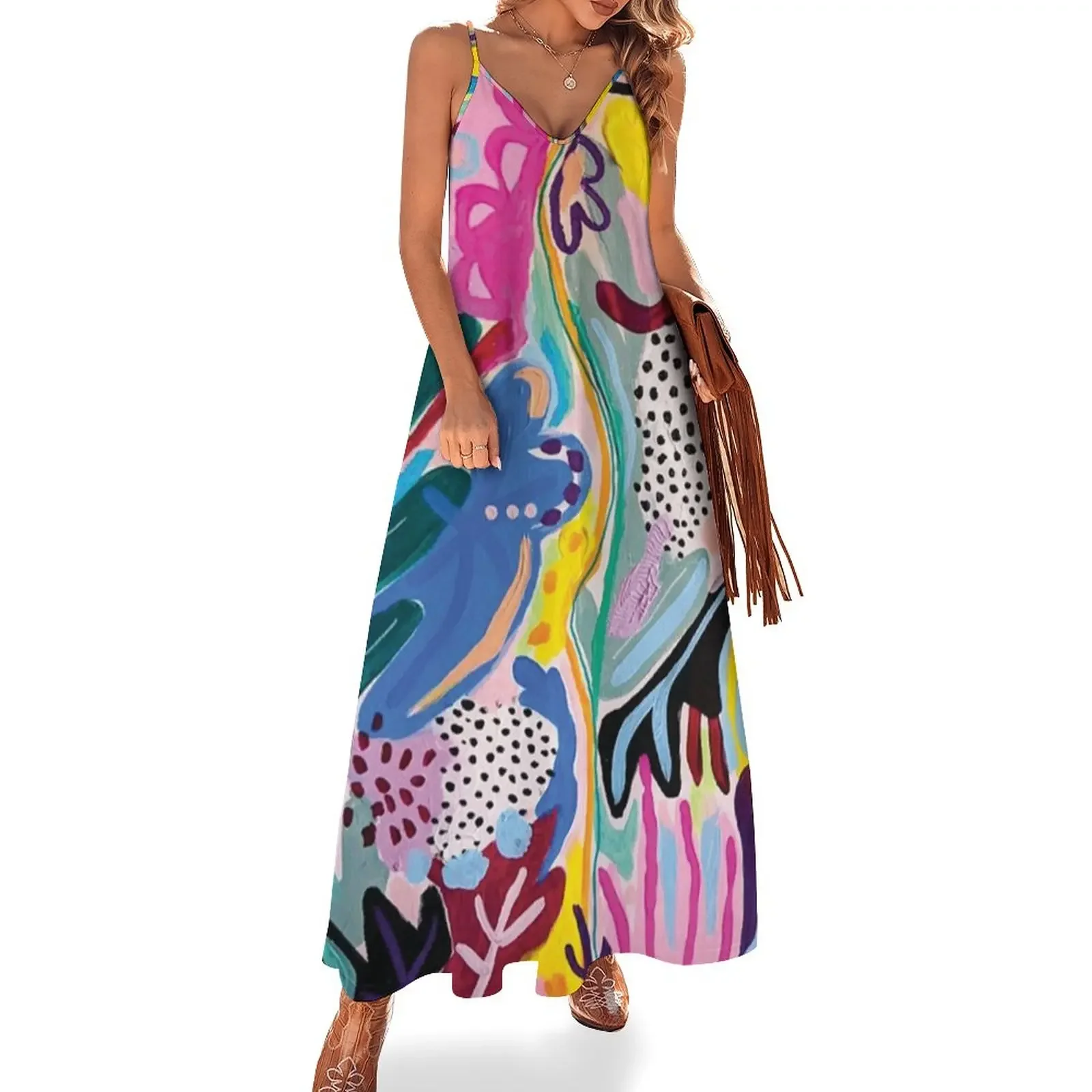 

Pink Abstract Leaves Sleeveless Dress Women's summer long dress summer dress daily korean style