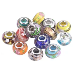 Cuentas redondas europeas de cristal de Murano para fabricación de joyas, abalorios hechos a mano con agujero grande para pulsera, bricolaje, 44 # ~ 110 #, 14x9mm, 5 unidades