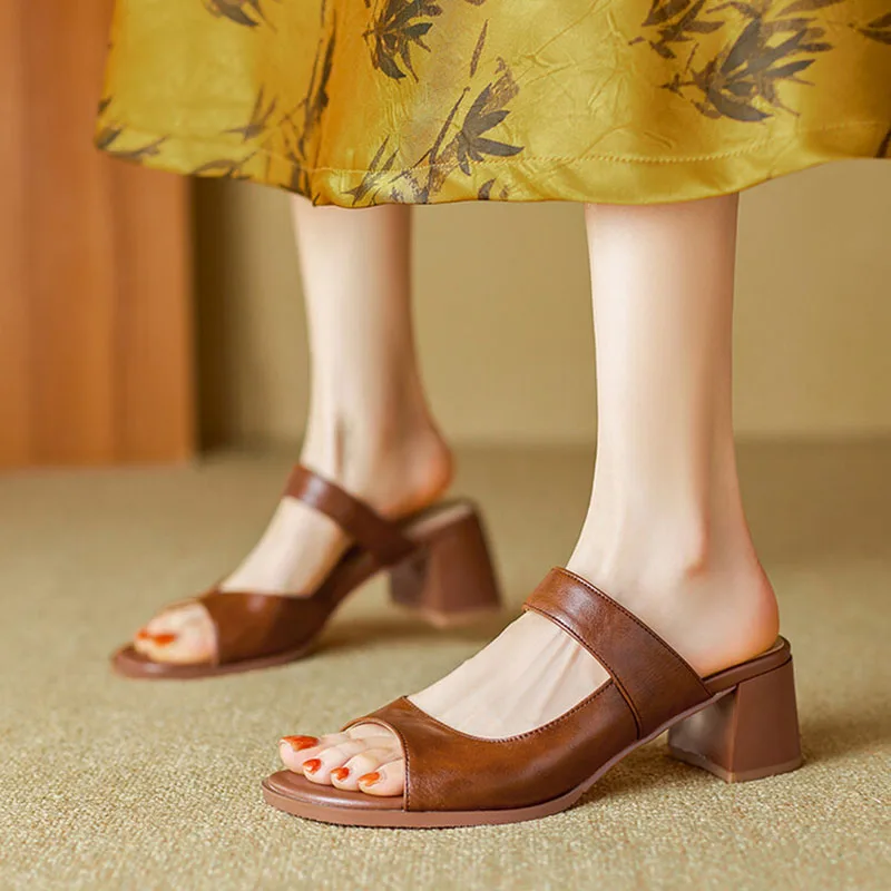 Phoentin Hollow Design Mules 2024 Summer Slippers Woman Open Toe Chunky Heels 4cm Plus Size Female Shoes Brown Apricot FT3627