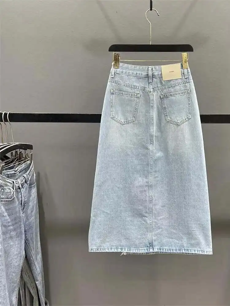 ارتفاع الخصر الدانتيل تقليم شق الدنيم ميدي تنورة المرأة Sli التخسيس مستقيم صالح Bodycon تنورة الكورية Sle مزيج القطن