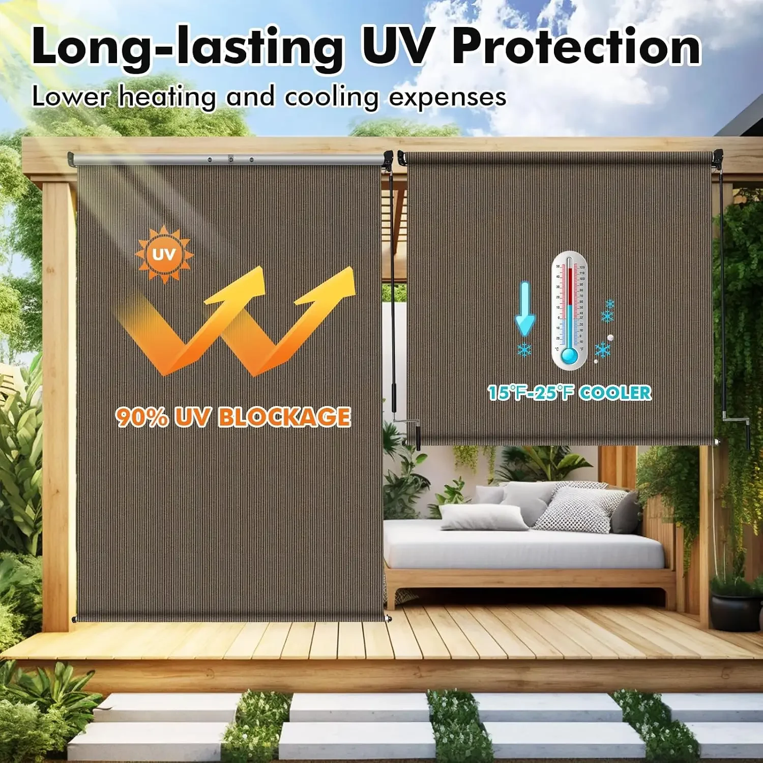 Outdoor Roller Shade 12' W x 8' H, Mocha Exterior Cordless Patio Shades Roll Up Blinds with Spliced Pole Design, One-Piece Fabri